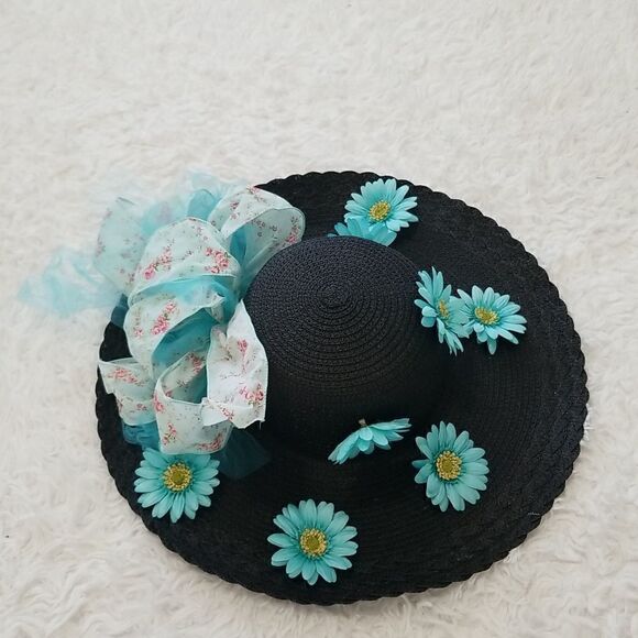 Vintage Straw Floral Derby  Hat Sz OS - Picture 9 of 9